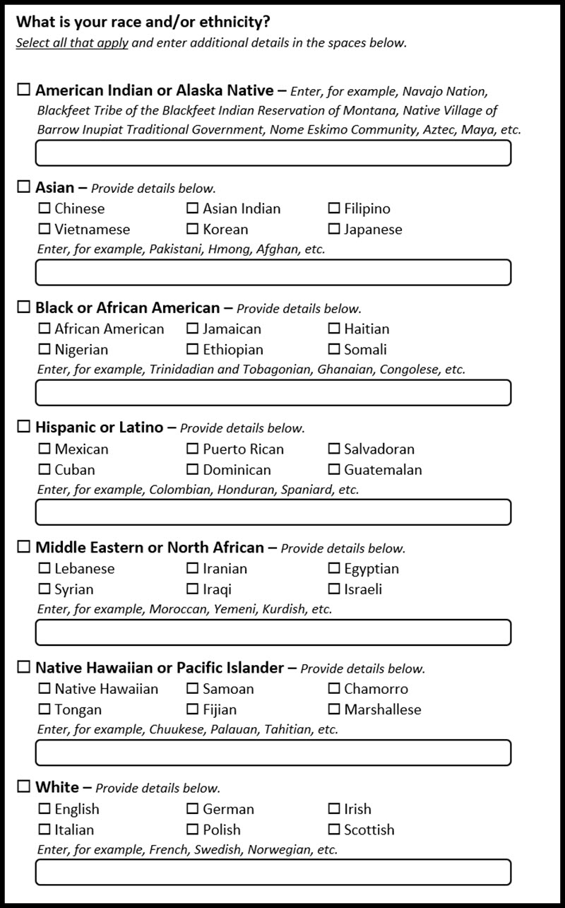 Figure 1.  Race and Ethnicity Question with Minimum Categories, Multiple Detailed Checkboxes, and Write-In Response Areas with Example Groups